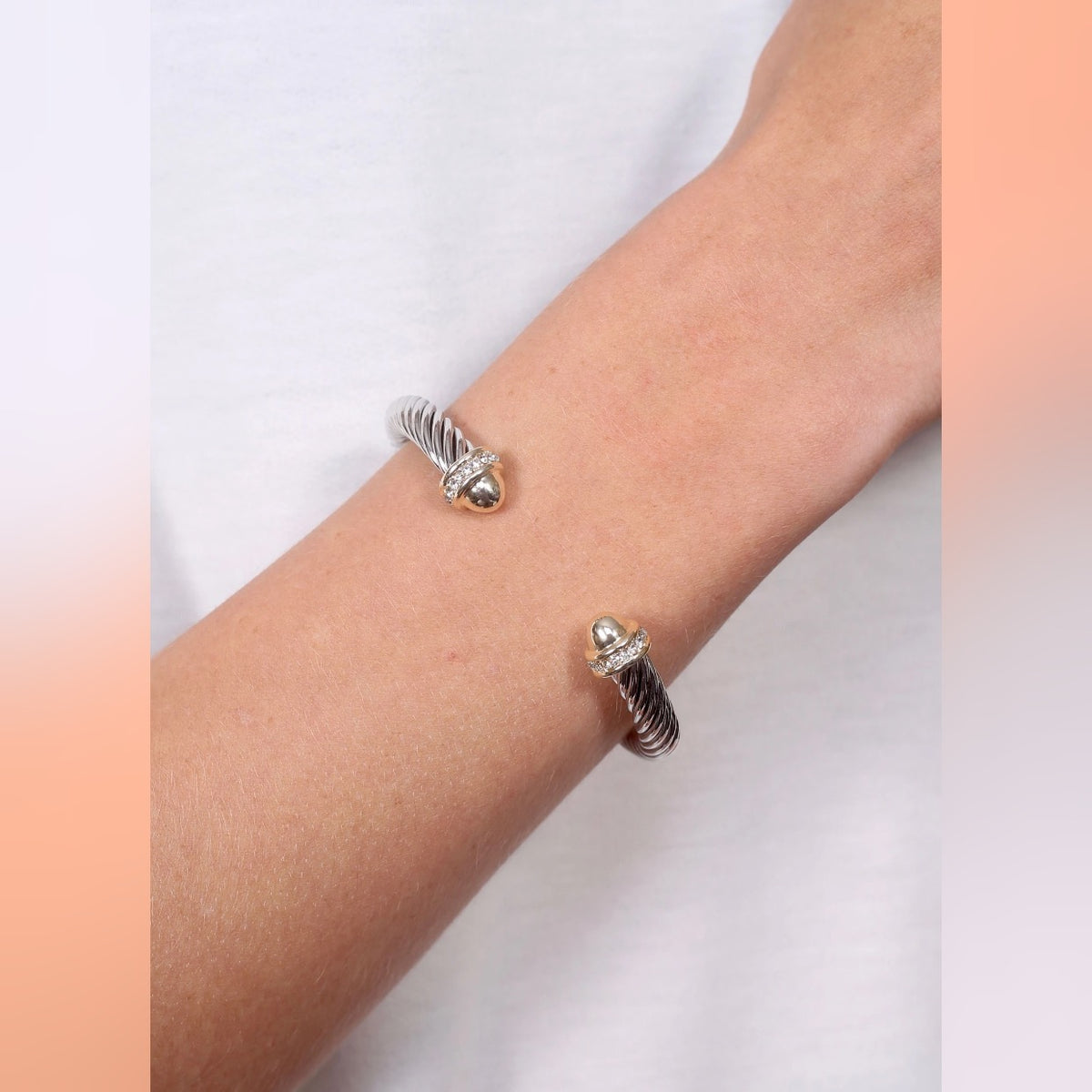 Cz Accent Two Tone Cable Bracelet Silver