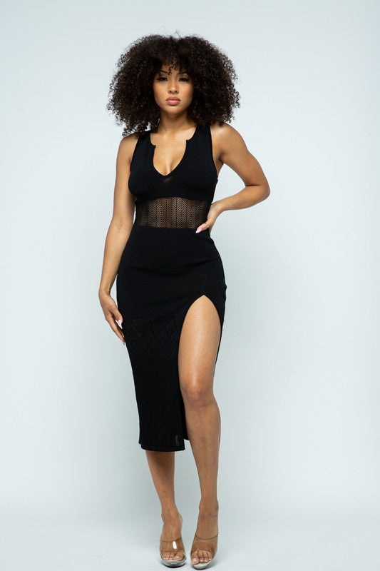 See If We Fit Hight Slit Midi Knit Dress (Black)
