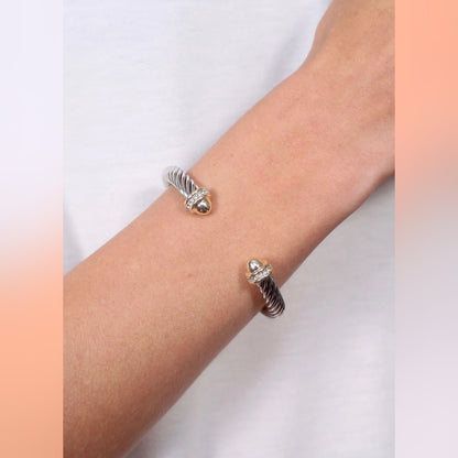 Cz Accent Two Tone Cable Bracelet Silver