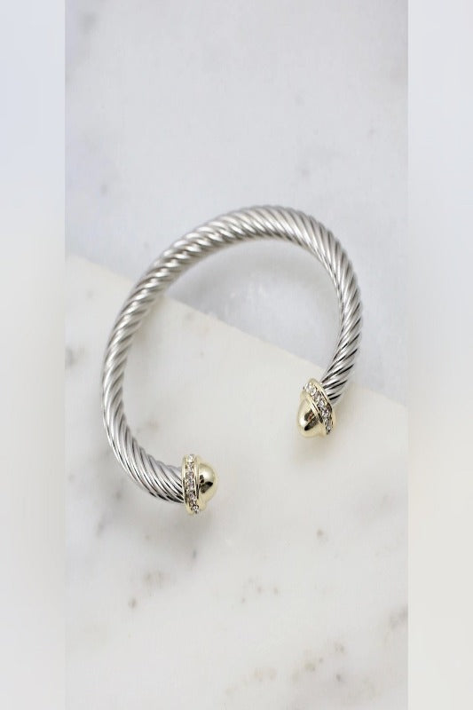 Cz Accent Two Tone Cable Bracelet Silver