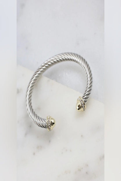 Cz Accent Two Tone Cable Bracelet Silver